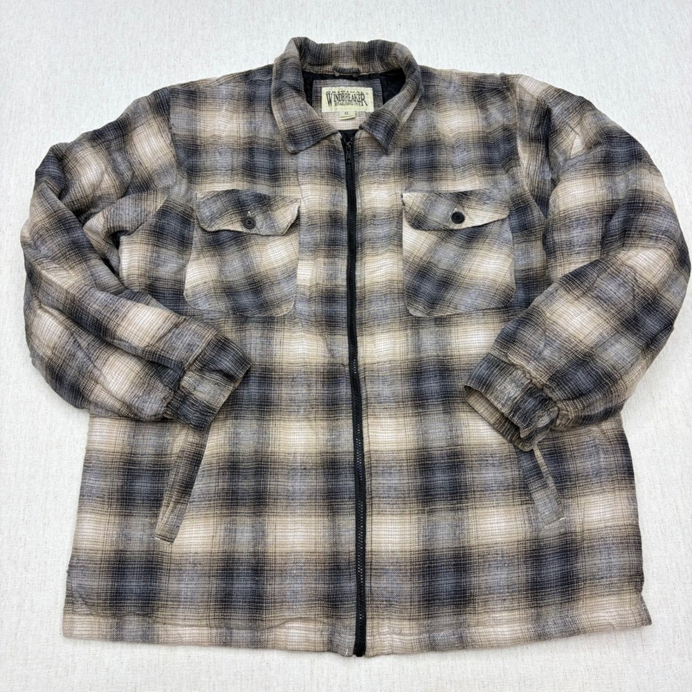 Original Windbreaker Mens XL Plaid Quilted Lined Zip Shirt Jacket Tan Black 7121